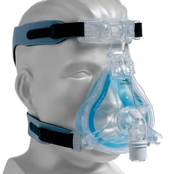 Philips Respironics ComfortGel full face CPAP mask with blue gel cushion and headgear on a display head, shown at an angle against a white background.