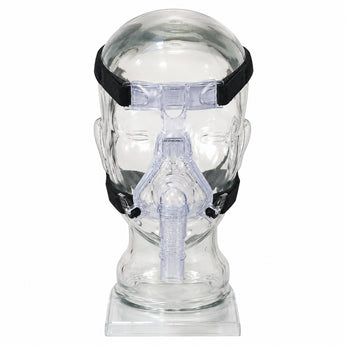 Front view of a Philips Respironics ComfortSelect nasal CPAP mask with black headgear on a clear display head against a white background.